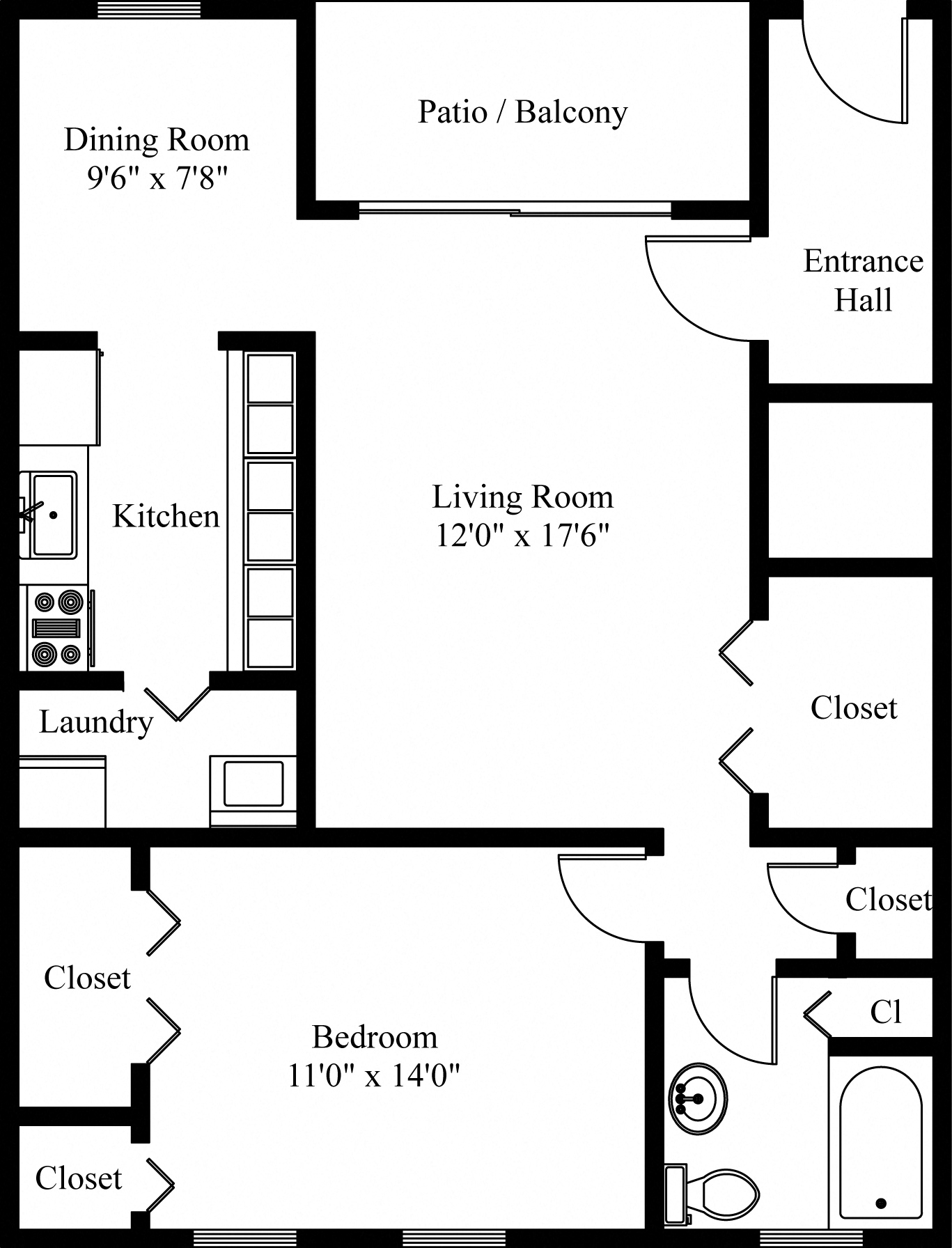 Floor plan for 1 bed, 1 bath, 745 sqft